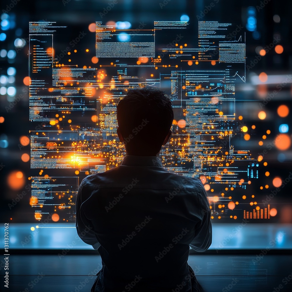 A man is sitting in front of a computer screen with a lot of code on it