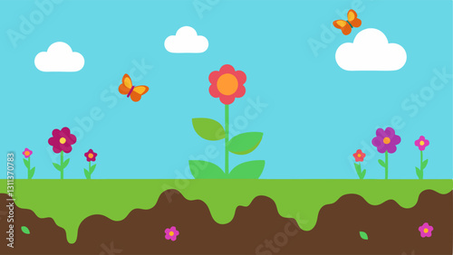 UpsideDown Garden A whimsical garden scene where flowers are growing upside down from the sky with vibrant colors and cartoon butterflies flying around. The ground is covered with