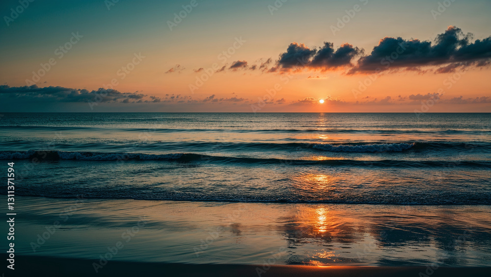 Fototapeta premium The ocean is calm and the sun is setting, creating a beautiful