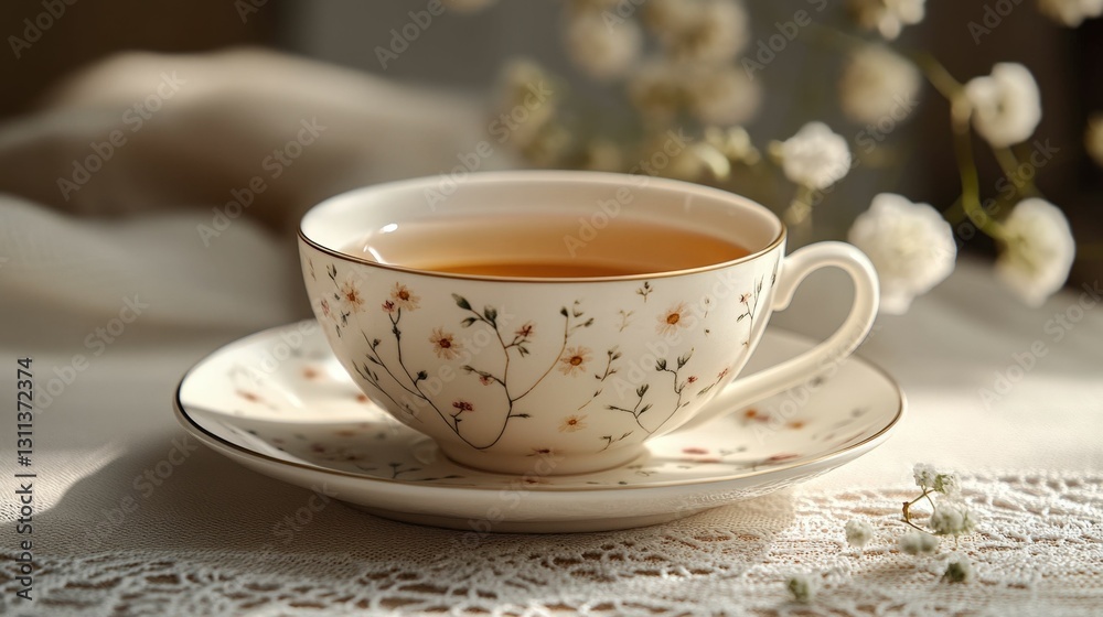 Porcelain teacup with delicate floral patterns, placed on a lace tablecloth with a saucer, filled with tea, soft studio lighting Porcelain teacup with delicate floral patterns, placed on a lace tablecloth with a saucer, filled with tea, soft studio lighting