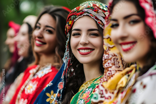 Smiling Young Women in Colorful Traditional Dresses and Headdresses Posing Together Outdoors, Symbolizing Cultural Diversity, Joy, and Group Unity