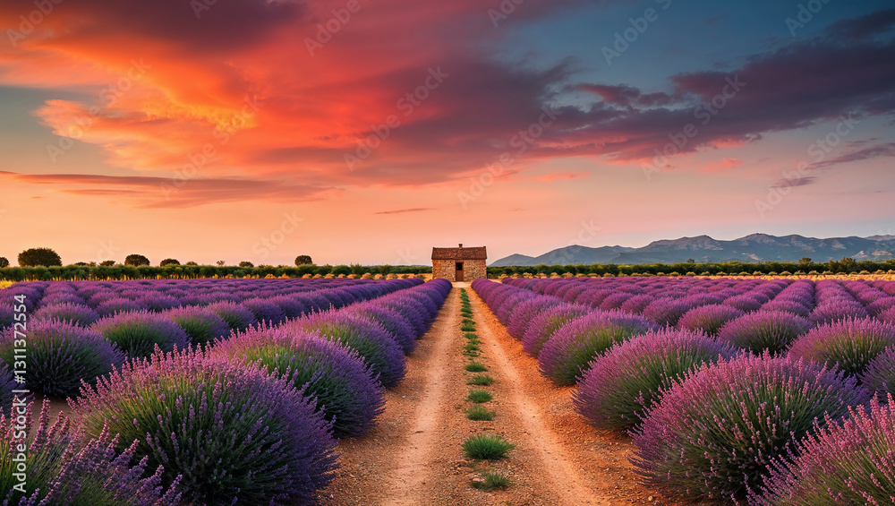 Road runs through a field of lavender Road runs through a field of lavender