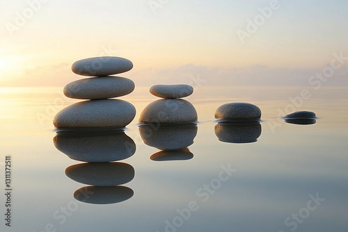 Stacks of smooth stones stand in the water, reflected in its mirror surface. The concept of balance and harmony. Generated by artificial intelligence