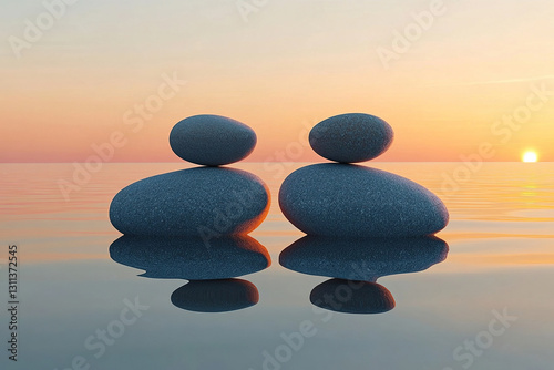 Two pyramids of smooth stones jut out of the calm sea water at sunset. Concept of romance and tranquility.