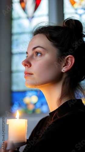 Woman Contemplating Candle Light Church Window Spiritual Peace