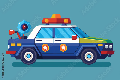 A vibrant police car with exaggerated features and colorful markings sits against a simple backdrop, Police car Customizable Disproportionate Illustration