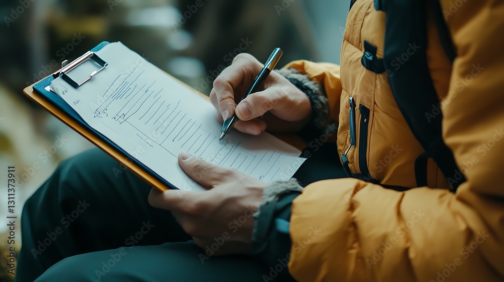 Fototapeta premium Close Up Professional Male Doctor Wearing Uniform Taking Notes in Journal Medical Documents
