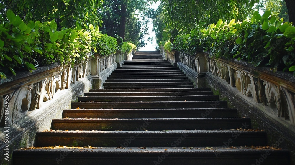 Stone staircase ascends through lush garden Stone staircase ascends through lush garden