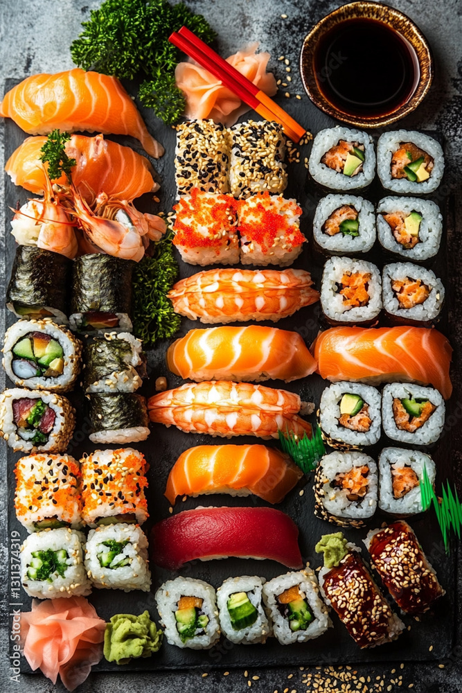 Assortment of sushi with different fillings, fresh seafood and soy sauce on the table Assortment of sushi with different fillings, fresh seafood and soy sauce on the table