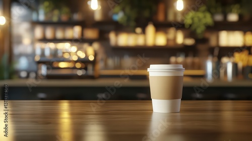 Coffee Shop Ambiance: A paper cup sits on a polished wooden surface in the interior of a coffee shop. It provides a sense of warmth and casualness. photo