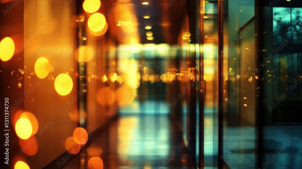 Fototapeta premium city lights reflection in glass corridor