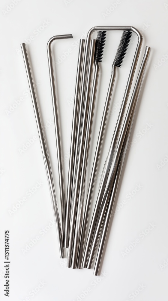 Metal straws and cleaning brushes arranged on a white background. Metal straws and cleaning brushes arranged on a white background.