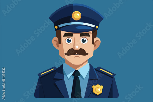 A friendly cartoon-style police officer stands confidently, showcasing his uniform and badge against a blue background, Policeman Character