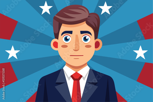 A cartoon-style political candidate stands confidently with a vibrant, starry background, ready for campaigning, Political candidate Customizable Cartoon Illustration