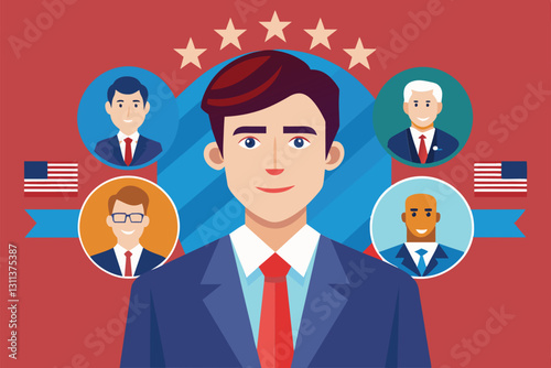 A political candidate stands proudly, surrounded by various supporting figures, representing diverse choices, Political candidate Customizable Disproportionate Illustration