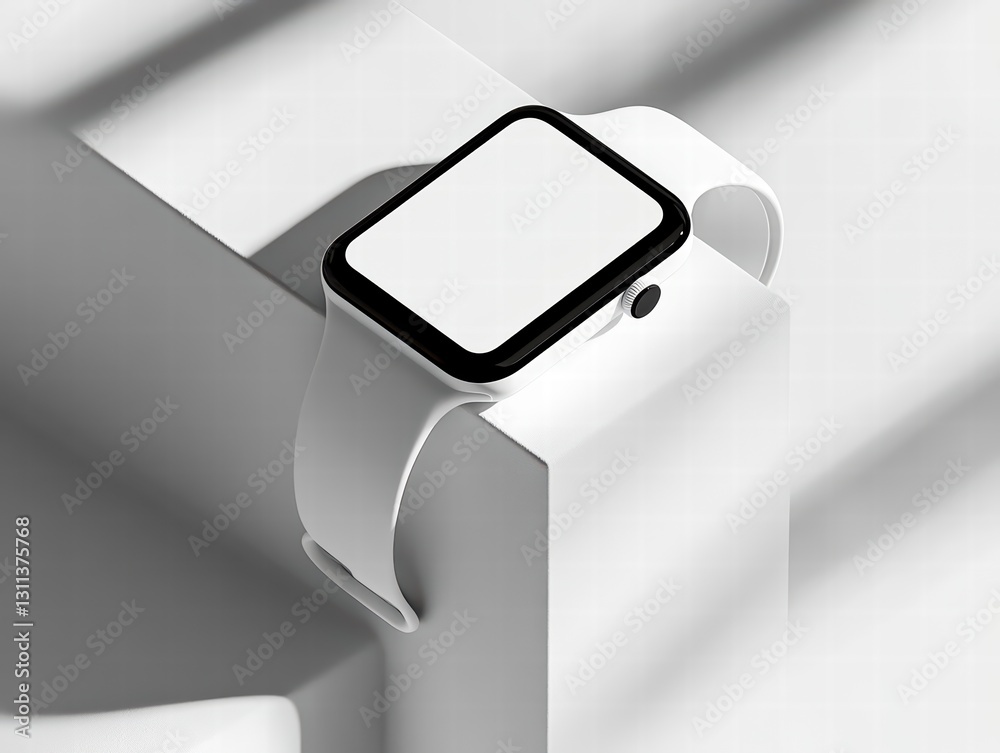 Smartwatch in Minimalist Showcase: A sleek smartwatch with a blank screen rests elegantly upon a minimalist pedestal, casting subtle shadows that enhance its sophisticated design.