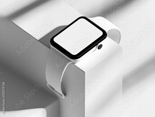 Obraz na płótnie Smartwatch in Minimalist Showcase: A sleek smartwatch with a blank screen rests elegantly upon a minimalist pedestal, casting subtle shadows that enhance its sophisticated design. w salonie