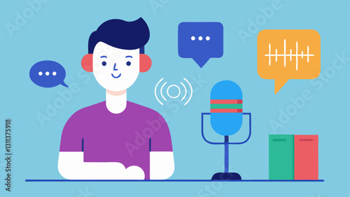 Voice Recognition Interface An illustration of a student speaking into a microphone while an AI system visually analyzes their pronunciation with waveforms and feedback