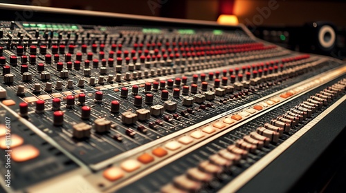 Studio mixing console, audio recording, knobs, faders, control room, music production, warm lighting, professional