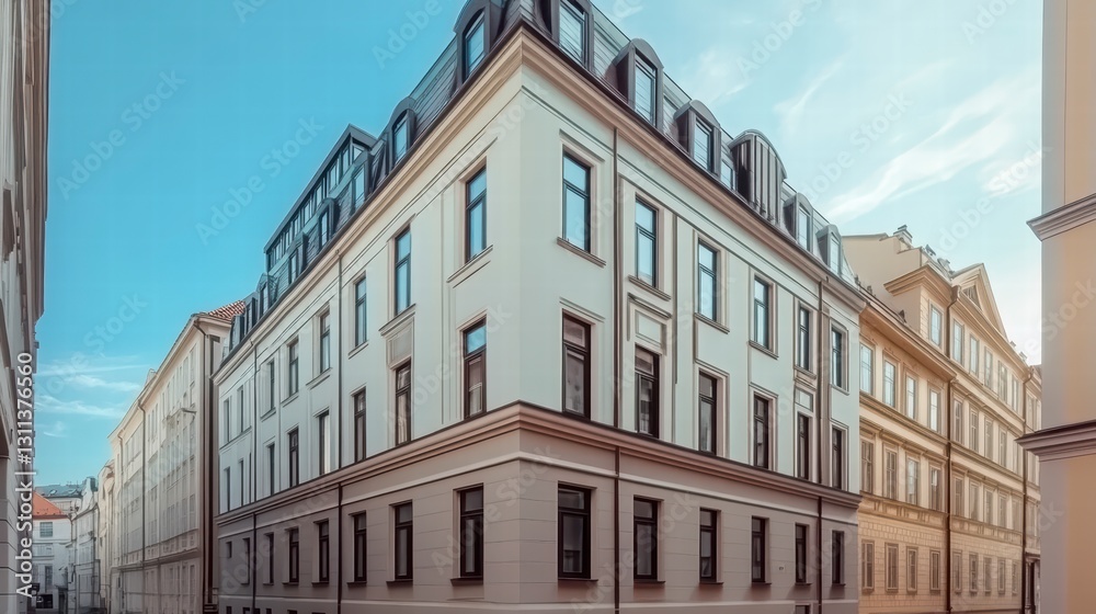 Fototapeta premium Modern City Corner: Architectural photograph of a modern building corner, showcasing clean lines, contemporary design, and the blend of urban aesthetics. 