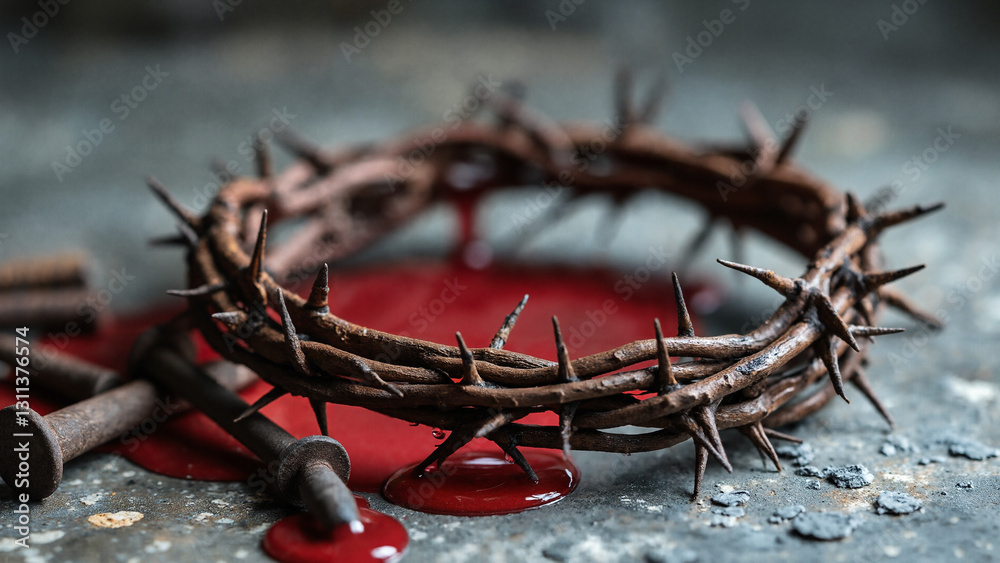 Crown of Thorns with Blood Droplets: A Powerful Symbol of Sacrifice for Easter Promotions and Religious Reflections Crown of Thorns with Blood Droplets: A Powerful Symbol of Sacrifice for Easter Promotions and Religious Reflections
