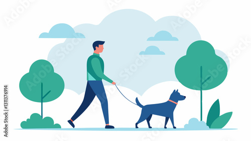 Tranquil Stroll A large calm dog leads an owner leisurely down a park path. The human strolls behind wearing a relaxed smile. The dog looks back occasionally exuding a sense of