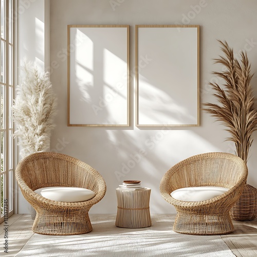 Lifestyle poster mockup, frame on the wall with two rattan chairs in front of it, white background