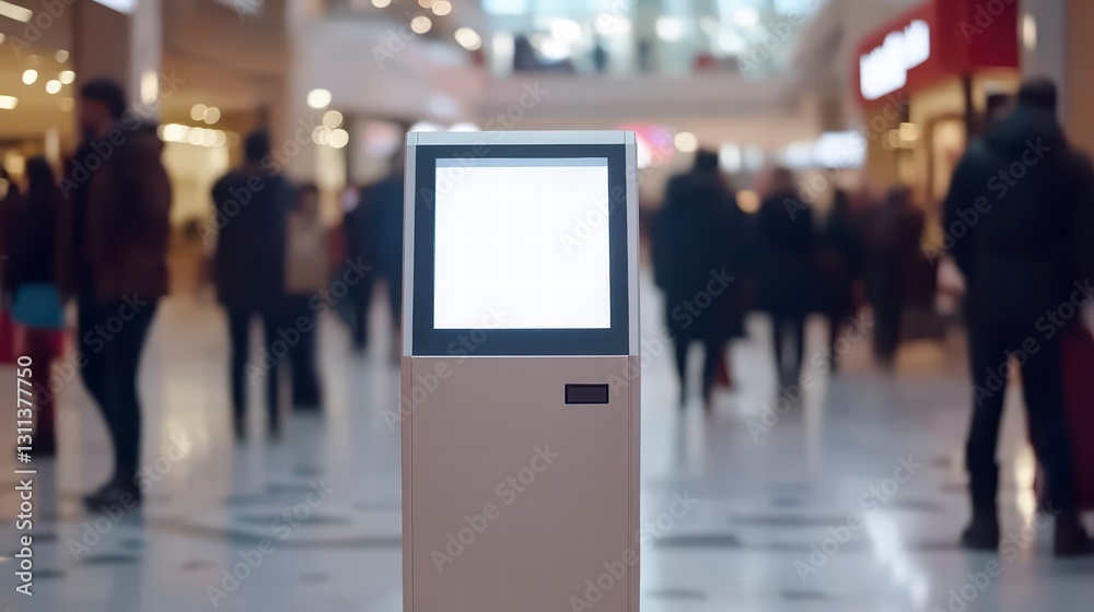 Digital Display Kiosk in Busy Mall: An elegant digital kiosk with a blank screen stands amidst a bustling shopping mall, surrounded by blurred figures of shoppers and a modern architectural interior. Digital Display Kiosk in Busy Mall: An elegant digital kiosk with a blank screen stands amidst a bustling shopping mall, surrounded by blurred figures of shoppers and a modern architectural interior.