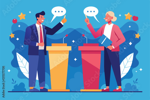 Two candidates passionately discuss key issues in a lively political debate during a public forum, Political debates concept