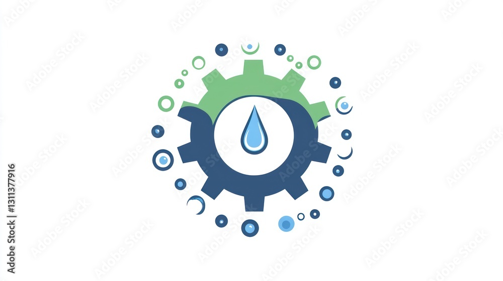 Abstract gear logo with water drop, concept of sustainable solutions Abstract gear logo with water drop, concept of sustainable solutions