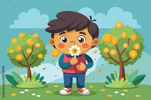 A child breathes in pollen from flowers, highlighting allergy symptoms in a colorful park setting, Pollen allergy Customizable Cartoon Illustration