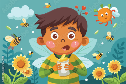 A boy holding a drink looks surprised in a colorful garden filled with flowers and buzzing bees, Pollen allergy Customizable Cartoon Illustration