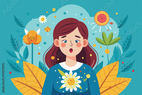 A young woman with allergy symptoms stands among colorful flowers and leaves, reflecting a spring setting, Pollen allergy Customizable Flat Illustration