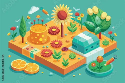 A vibrant garden scene featuring colorful flowers, plants, and elements related to pollen allergies, Pollen allergy Customizable Isometric Illustration