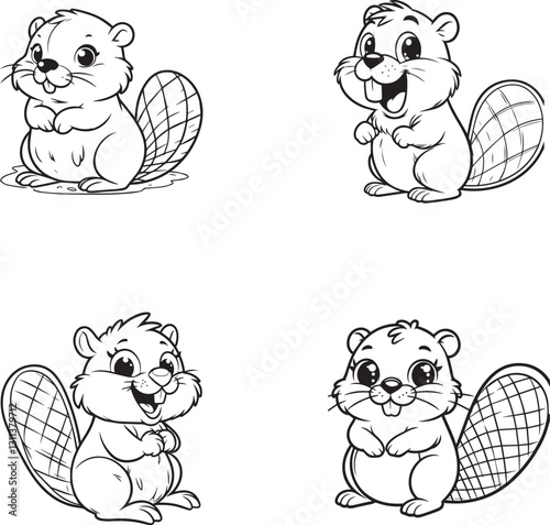 Cute Cartoon Beaver Silhouettes - Adorable Woodland Animal Vector Set