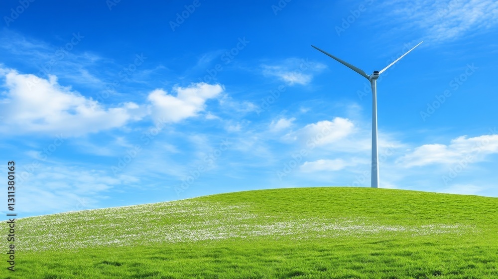 Wind turbine stands on grassy hill against blue sky background Wind turbine stands on grassy hill against blue sky background