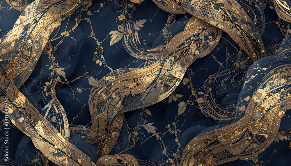 Fototapeta premium Golden Ethereal Waves: Luxurious Flowing Ribbons with Intricate Floral Patterns on a Deep Navy Background for a Sophisticated and Elegant Decorative Design
