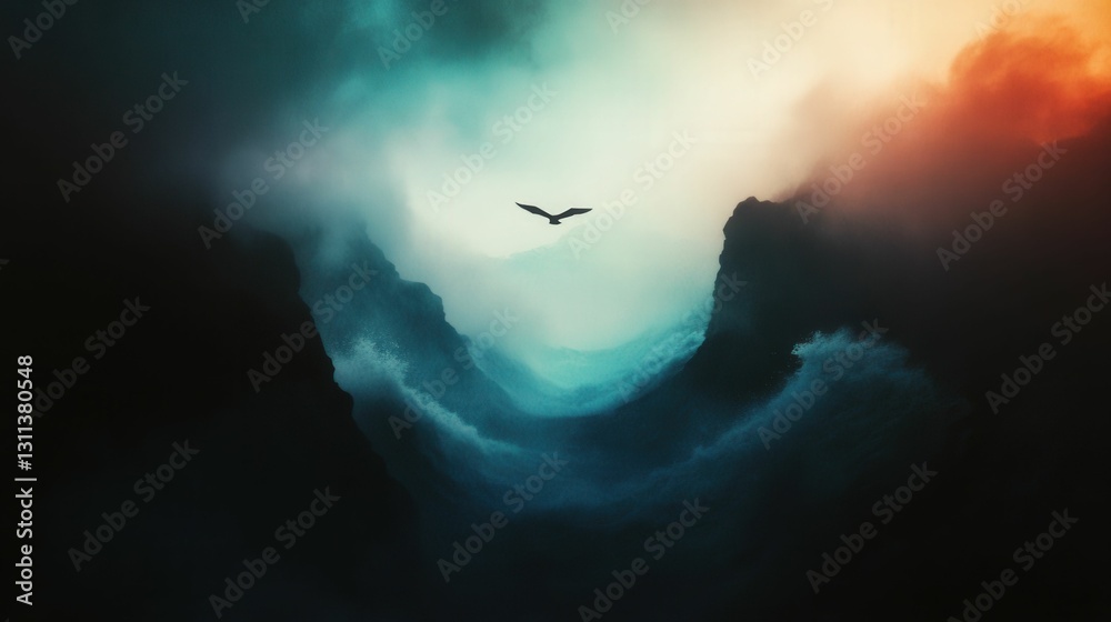 Fototapeta premium Scenic view of rolling waves under dramatic clouds, with a single seabird flying above, peaceful and atmospheric, serene and natural