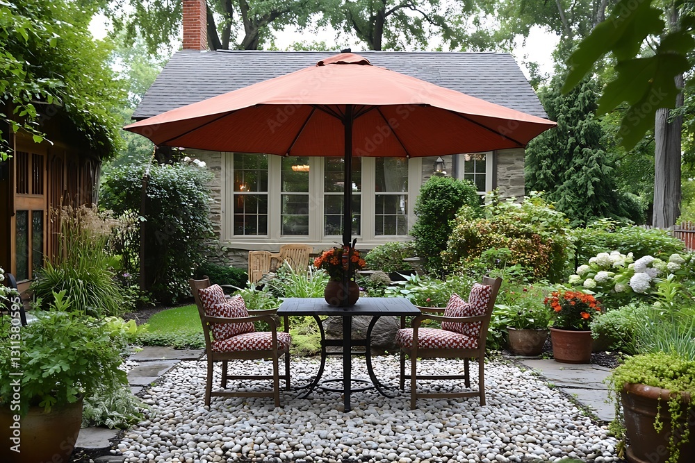 Obraz premium Patio dining under a red umbrella