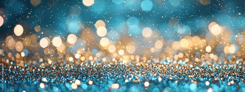 A festive display of blue and gold particles with glittery bokeh accents. A festive display of blue and gold particles with glittery bokeh accents.