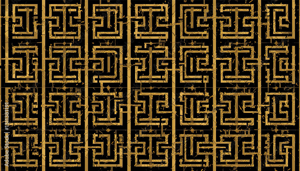 Golden Greek Key Pattern: Luxurious Ancient-Inspired Geometric Design with Distressed Gold Textures on a Black Background for a Timeless and Elegant Decorative Aesthetic Golden Greek Key Pattern: Luxurious Ancient-Inspired Geometric Design with Distressed Gold Textures on a Black Background for a Timeless and Elegant Decorative Aesthetic