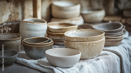 A rustic collection of handmade ceramic bowls and plates in earthy tones, arranged on a soft linen cloth. The organic shapes and textured glazes reflect artisanal craftsmanship, evoking a warm and nat