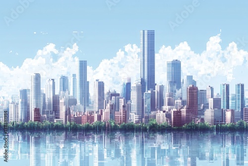 Pixel art cityscape reflecting on water under cloudy sky