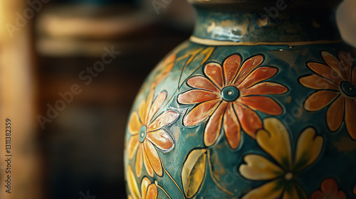 A close-up of a beautifully handcrafted ceramic vase with embossed floral patterns in warm orange and yellow hues. The rich turquoise glaze with fine crackle detailing enhances its vintage, artisanal 