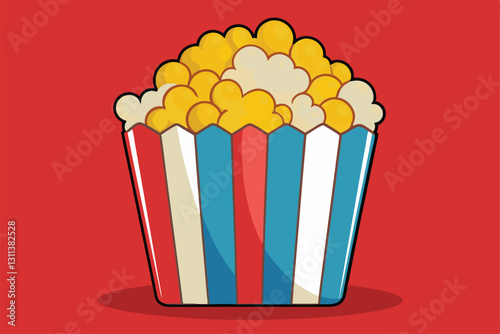 A colorful container brimming with fluffy popcorn, set against a bright red backdrop, evokes movie time fun, popcorn box