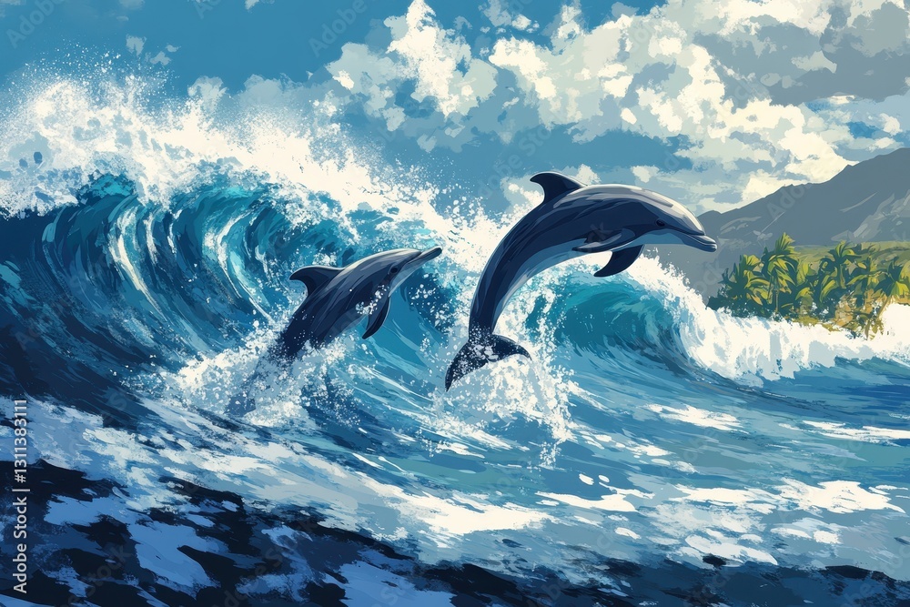 Fototapeta premium Two dolphins jumping over ocean waves near tropical island