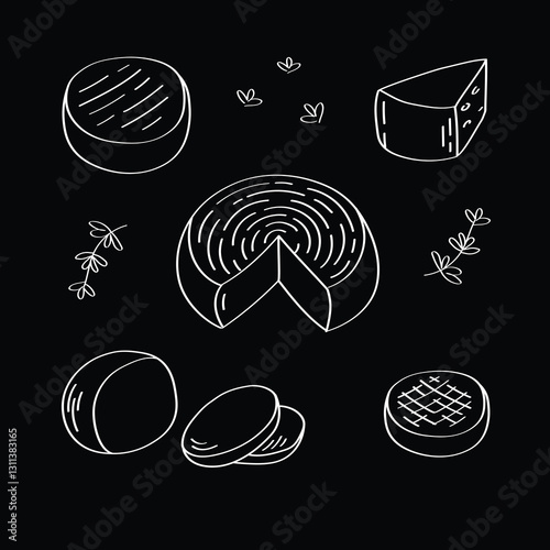 Hand drawn sketch of white cheese on black background. Different types of cheese in doodle style.
