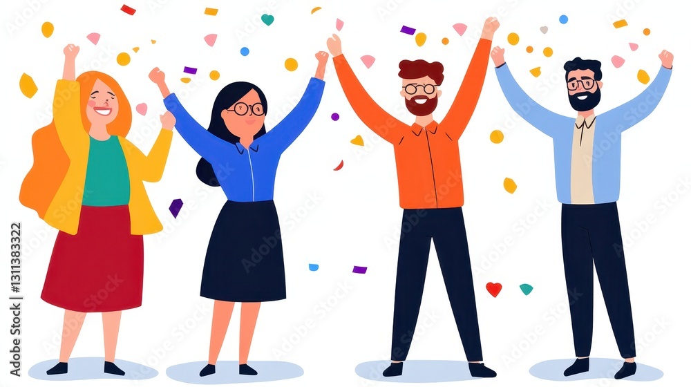 Professional office team celebrating with confetti and excitement, modern and stylish workspace, determination and hard work rewarded. Professional office team celebrating with confetti and excitement, modern and stylish workspace, determination and hard work rewarded.