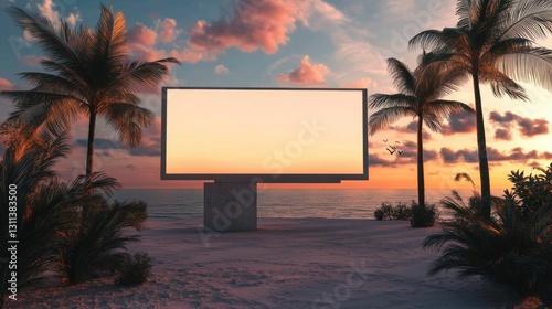 blank billboard on tropical beach at sunset