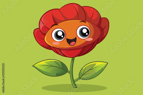 A vibrant cartoon poppy flower stands cheerfully, showcasing a playful face and bright green leaves, Poppy flower Customizable Cartoon Illustration